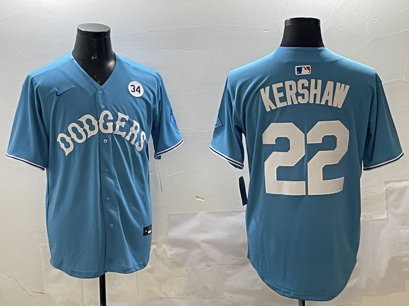 Men Los Angeles Dodgers #22 Kershaw Light Blue Joint Name 2025 Nike MLB Jersey style 7